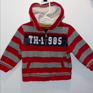 Red and Gray Striped Zipper Hoodie with Hood